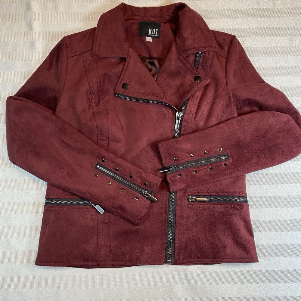 KUT From The Kloth Moto Jacket Womens Sz XS Burgundy Faux Suede Asymmetrical Zip - Picture 8 of 14